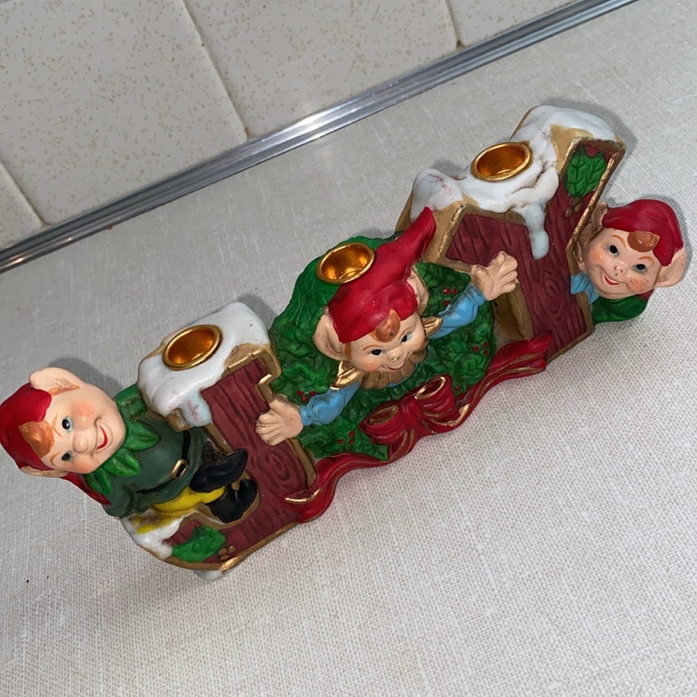 Robel Hall JOY Pixie Elf Trio Christmas Candle Holder Hand Painted 7" Vintage - Picture 6 of 11